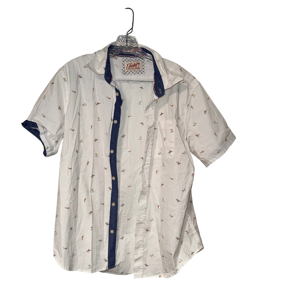 Jachs NY Surfer Print Short Sleeve Button Down Shirt Mens Medium White Cotton